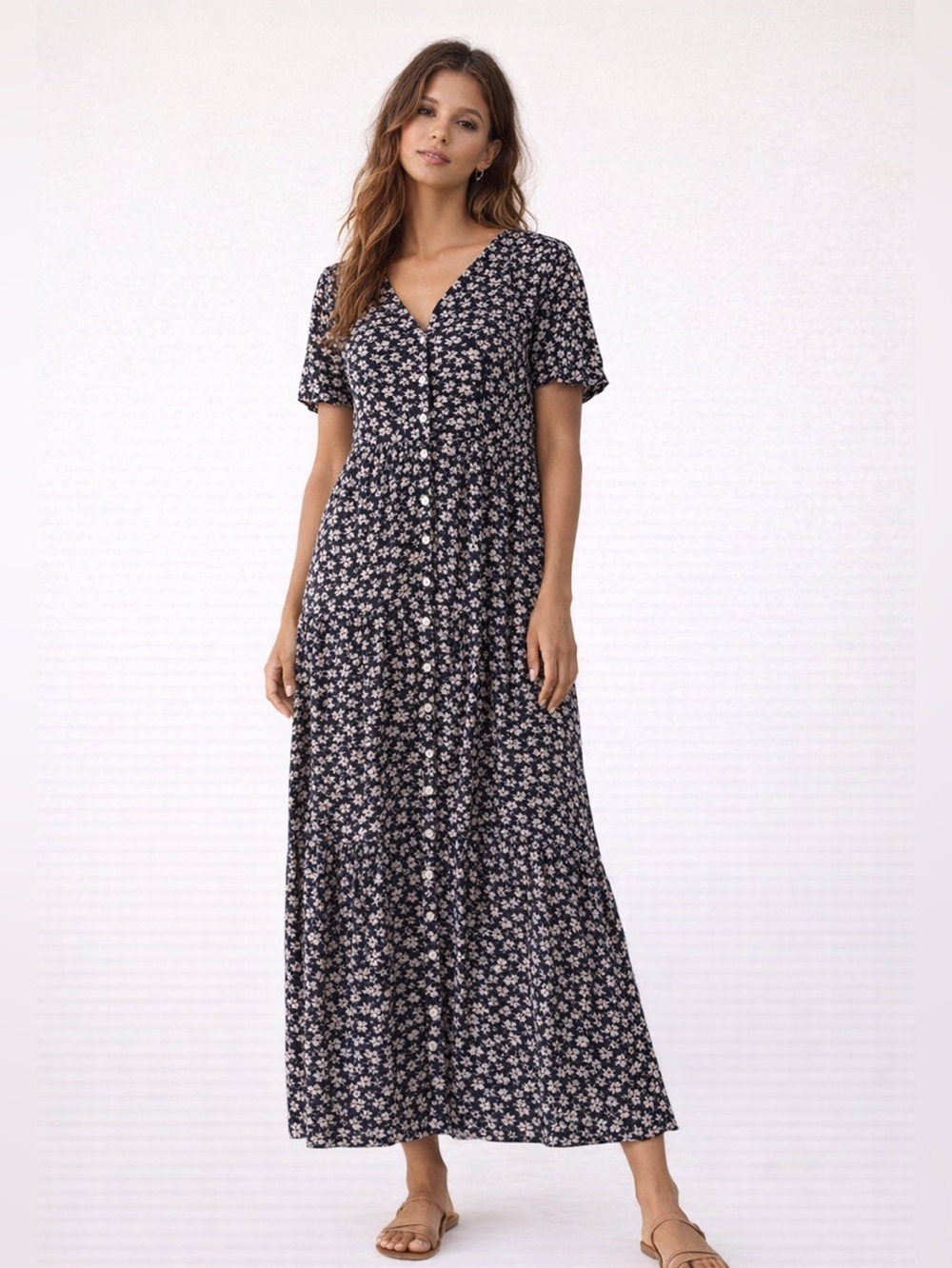 Magaschoni Black White Ditsy Floral Button Front Midi Dress Short Sleeve XL - Picture 2 of 13